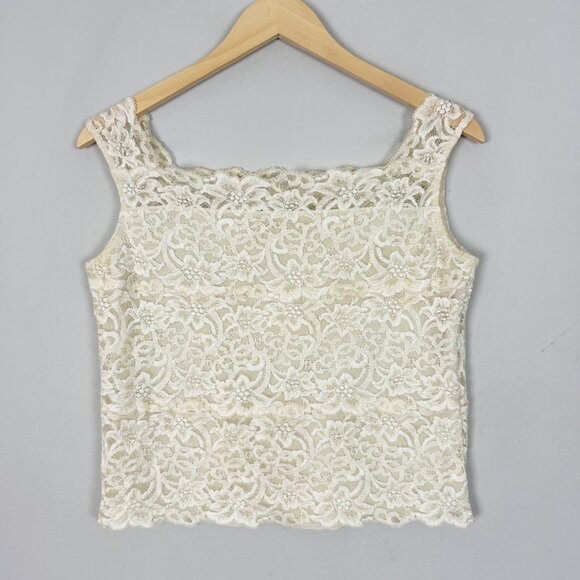 Y2K Boho Stretch Nylon Lace Tank Top Ivory Retro Cottage Size Large Women's - Picture 1 of 4